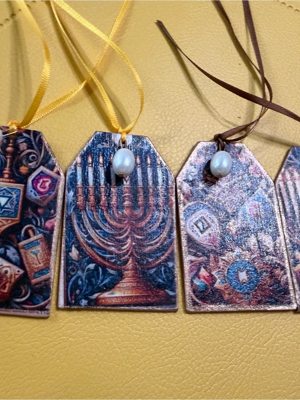 Handcrafted Hanukkah Menorah Ornament Tag - Blue and Gold Accent